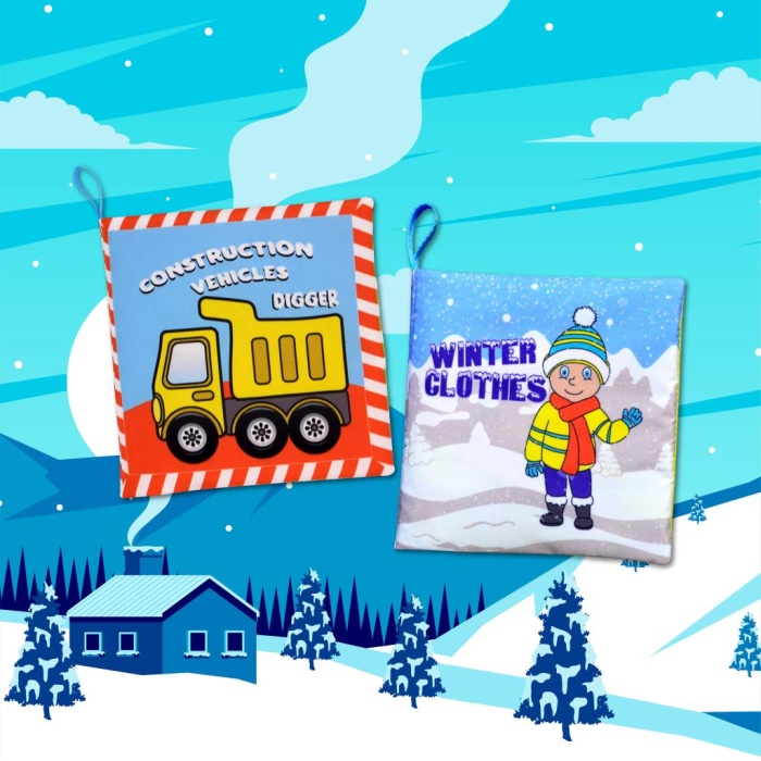 2 Kitap  İngilizce İş Makinaları ve Kışlık Giysiler Kumaş Sessiz Kitap