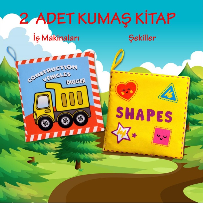 2 Kitap  İngilizce İş Makinaları ve Şekiller Kumaş Sessiz Kitap