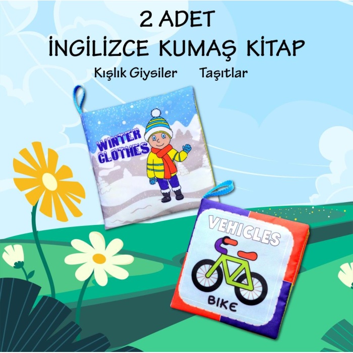2 Kitap  İngilizce Kışlık Giysiler ve Taşıtlar Kumaş Sessiz Kitap