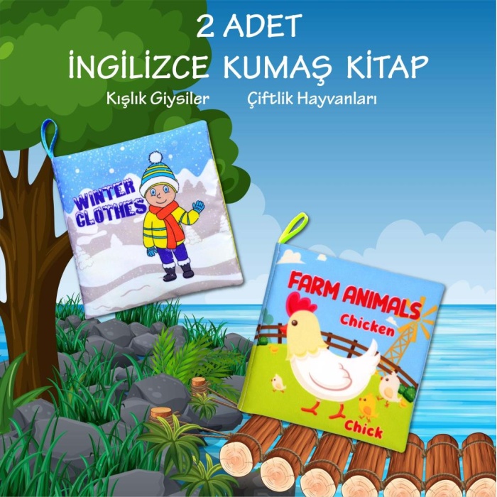 2 Kitap  İngilizce Kışlık Giysiler ve Çiftlik Hayvanları Kumaş Sessiz Kitap