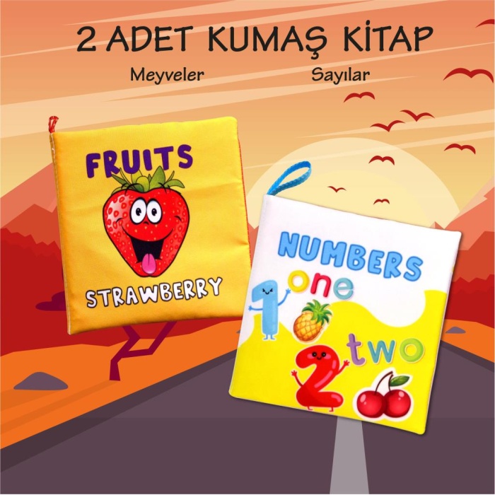 2 Kitap  İngilizce Meyveler ve Rakamlar Kumaş Sessiz Kitap