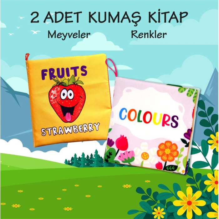 2 Kitap  İngilizce Meyveler ve Renkler Kumaş Sessiz Kitap