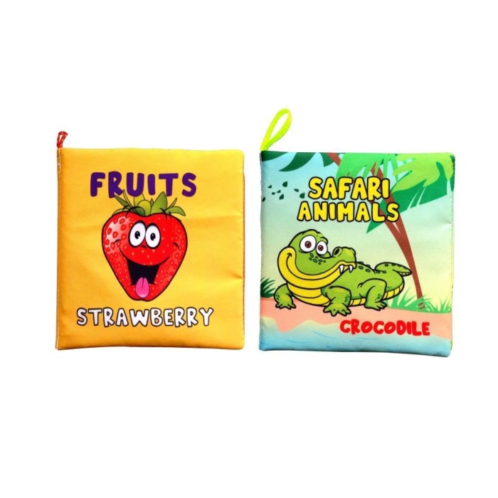 2 Kitap  İngilizce Meyveler ve Safari Hayvanları Kumaş Sessiz Kitap
