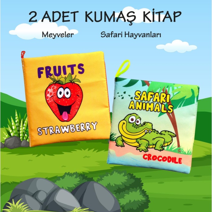 2 Kitap  İngilizce Meyveler ve Safari Hayvanları Kumaş Sessiz Kitap