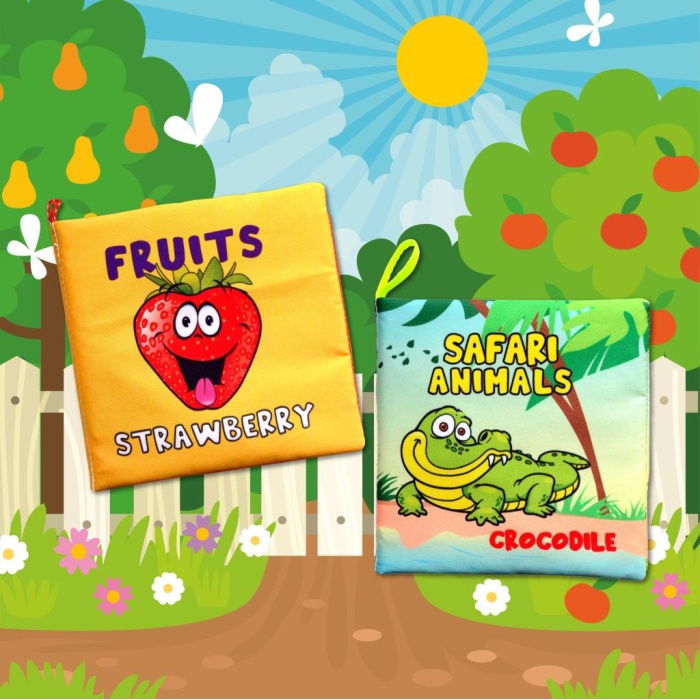 2 Kitap  İngilizce Meyveler ve Safari Hayvanları Kumaş Sessiz Kitap