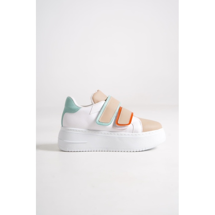 Lisinya948  Bağcıksız Cırt Cırtlı Ortopedik Taban Kadın Sneaker Ayakkabı BT Beyaz/Ten