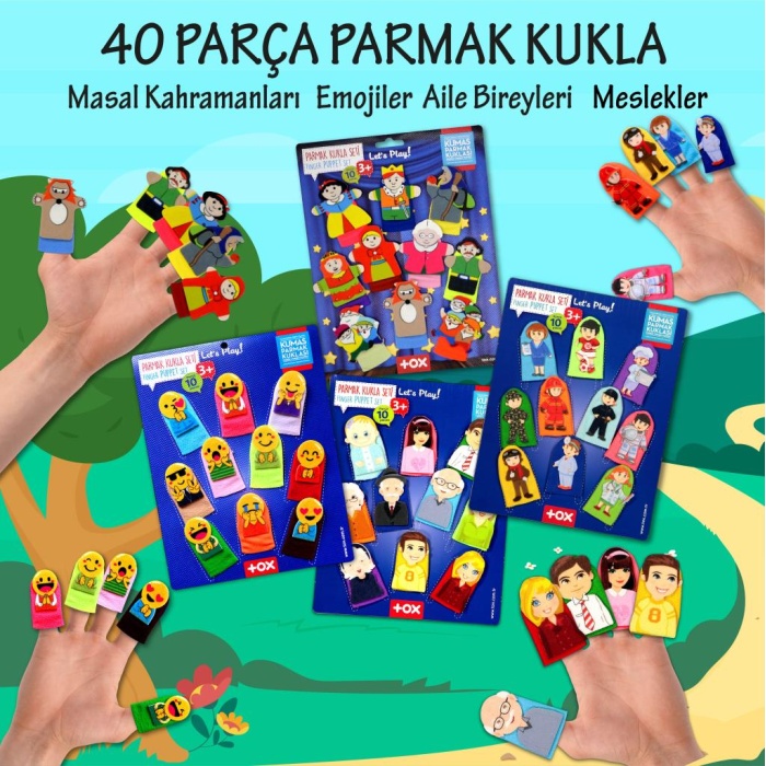 4 Set - 40 Parça  Masal Kahramanları, Aile Bireyleri , Meslekler ve Emojiler Parmak Kukla