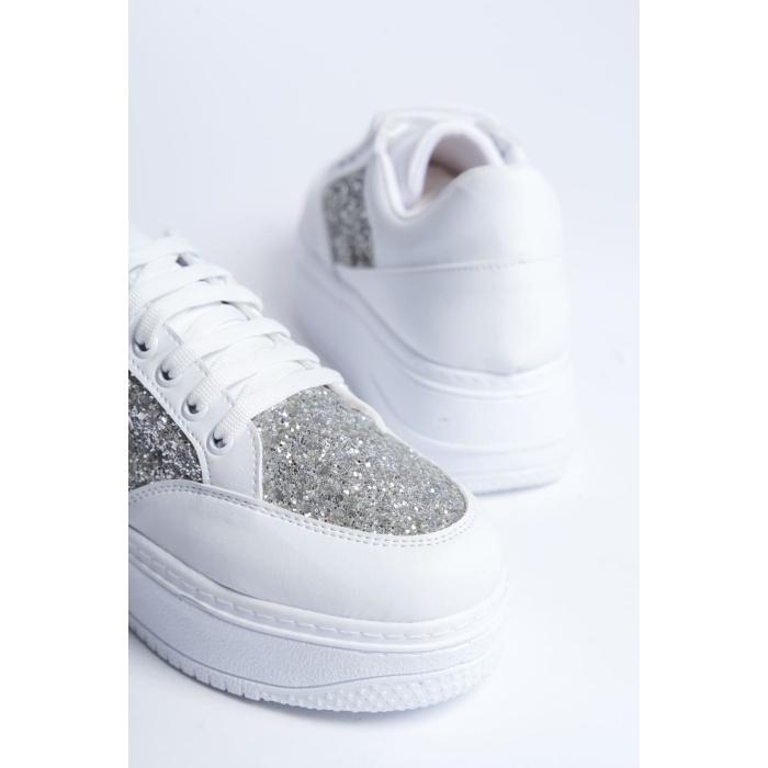 Lisinya948  Bağcıklı Ortopedik Taban Simli Kadın Sneaker Ayakkabı BT Beyaz