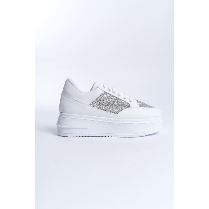 Lisinya948  Bağcıklı Ortopedik Taban Simli Kadın Sneaker Ayakkabı BT Beyaz