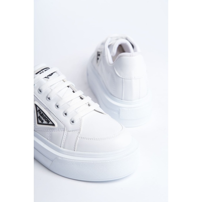 Lisinya948  Bağcıklı Ortopedik Taban Desenli Kadın Sneaker Ayakkabı BT Beyaz