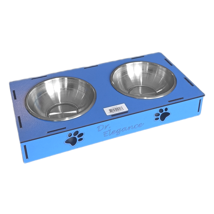 Ahşap Sehpalı İkili Devrilmez Kedi Köpek Su Ve Mama Kabı 34 cm - 300 ml Mavi