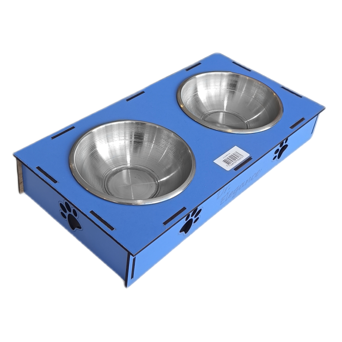 Ahşap Sehpalı İkili Devrilmez Kedi Köpek Su Ve Mama Kabı 34 cm - 300 ml Mavi