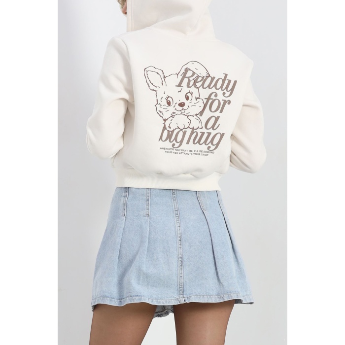 Sırt Baskılı Fermuarlı Crop Sweat Kırıkbeyaz