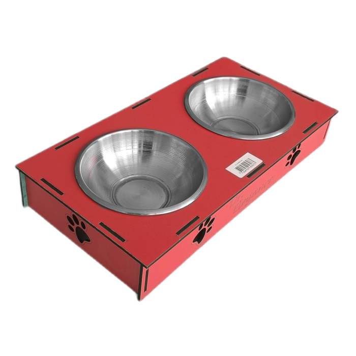 Ahşap Sehpalı İkili Devrilmez Kedi Köpek Su Ve Mama Kabı 34 cm - 300 ml Kırmızı