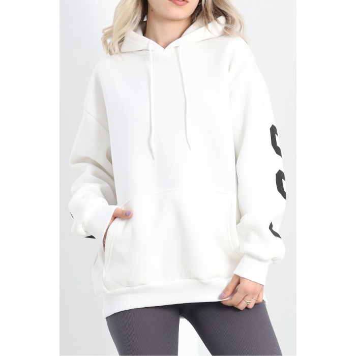 Sırt Baskılı 3 İplik Şardonlu Sweat Ekru