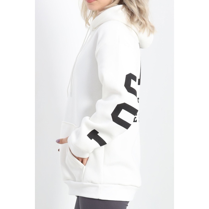 Sırt Baskılı 3 İplik Şardonlu Sweat Ekru