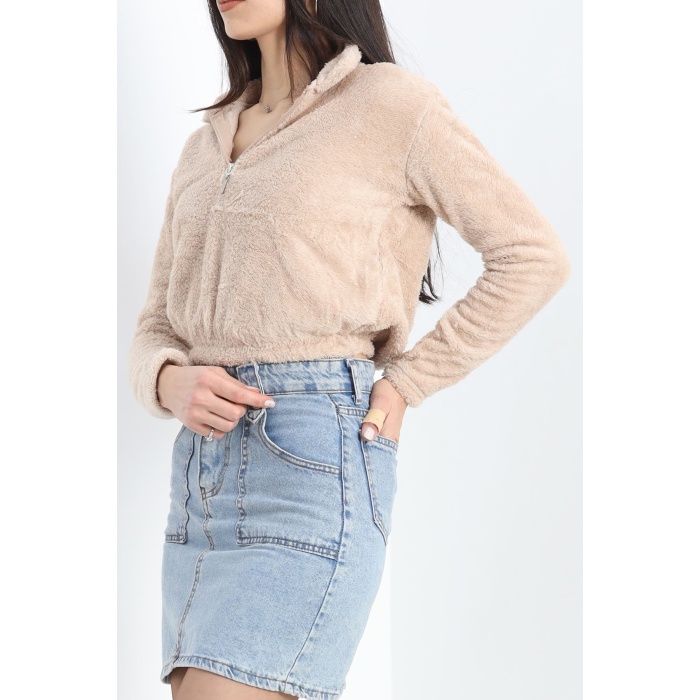 Fermuarlı Crop Peluş Sweat Bej
