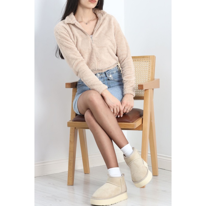 Fermuarlı Crop Peluş Sweat Bej