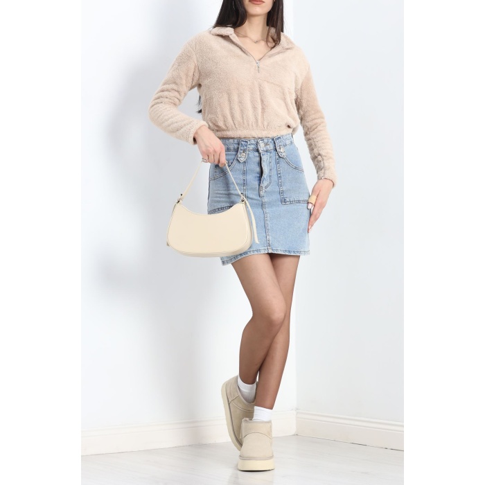 Fermuarlı Crop Peluş Sweat Bej
