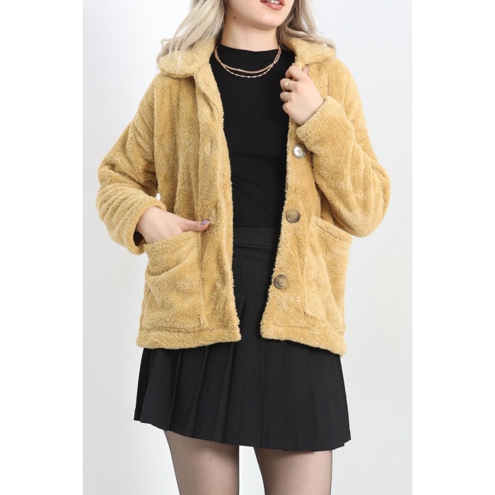 Düğmeli Peluş Ceket Camel