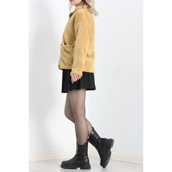 Düğmeli Peluş Ceket Camel