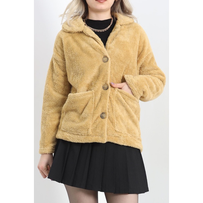 Düğmeli Peluş Ceket Camel