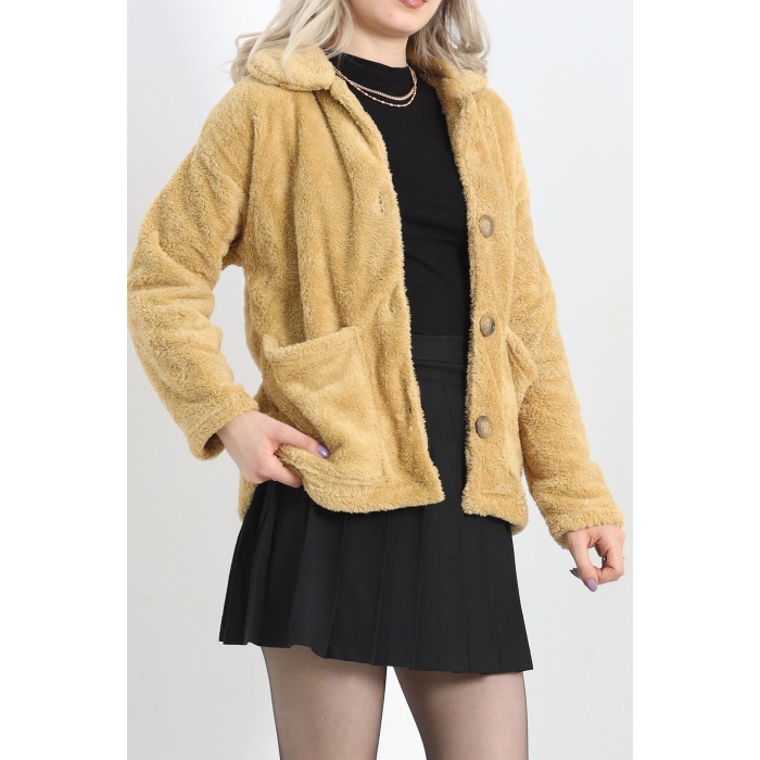 Düğmeli Peluş Ceket Camel