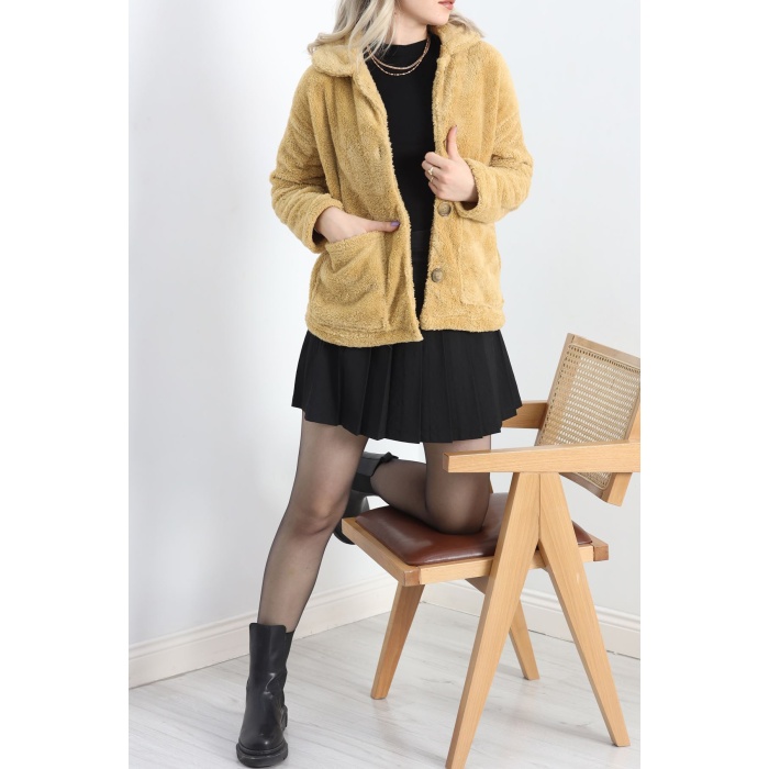 Düğmeli Peluş Ceket Camel