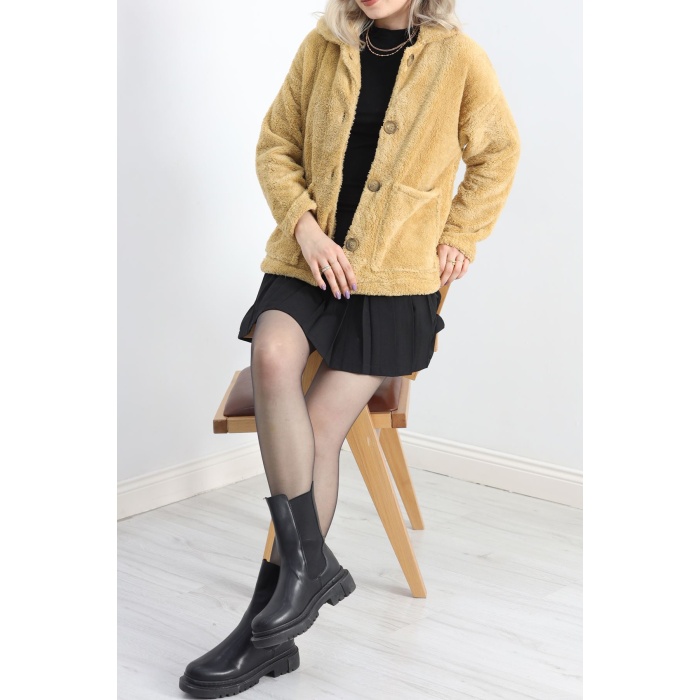 Düğmeli Peluş Ceket Camel