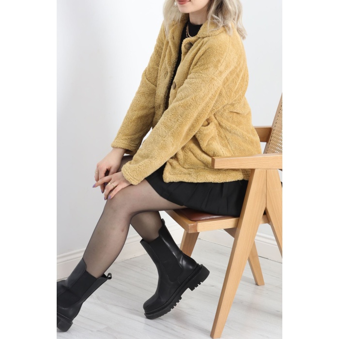 Düğmeli Peluş Ceket Camel