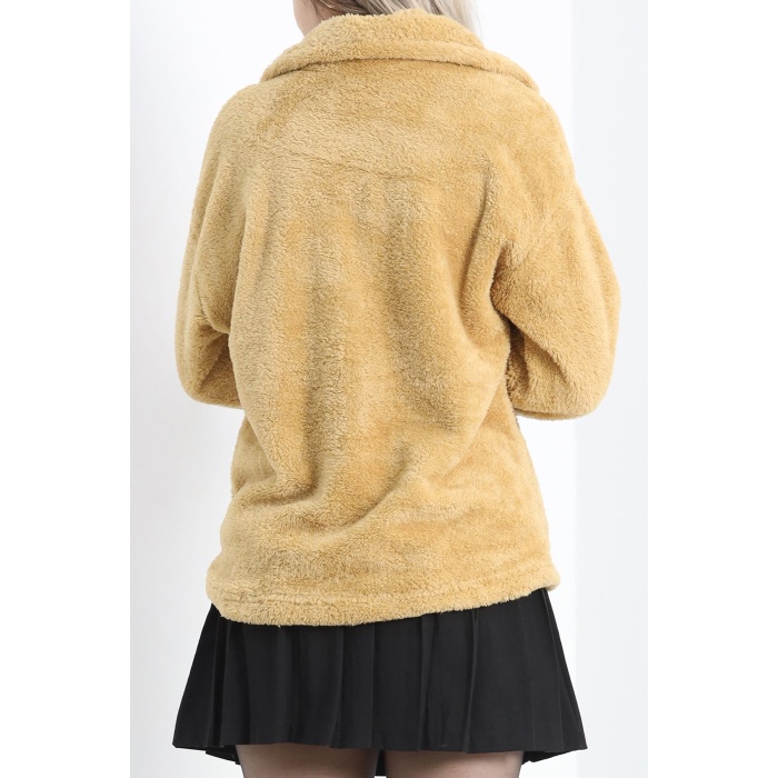 Düğmeli Peluş Ceket Camel