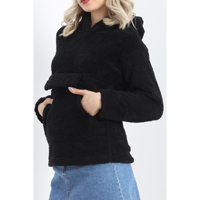 Kanguru Cep Kapşonlu Peluş Sweat Siyah
