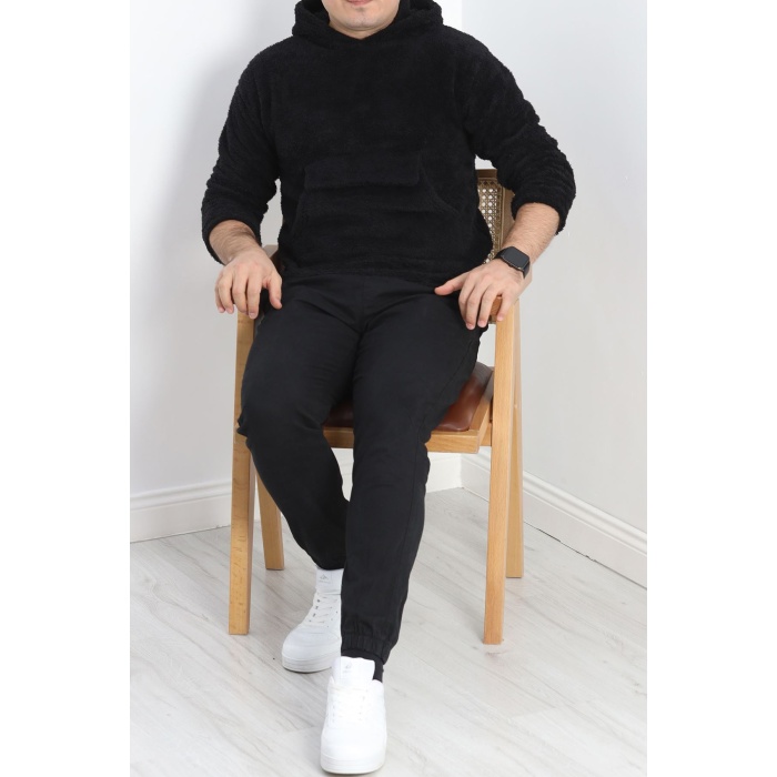 Kanguru Cep Kapşonlu Peluş Sweat Siyah