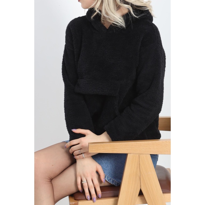 Kanguru Cep Kapşonlu Peluş Sweat Siyah