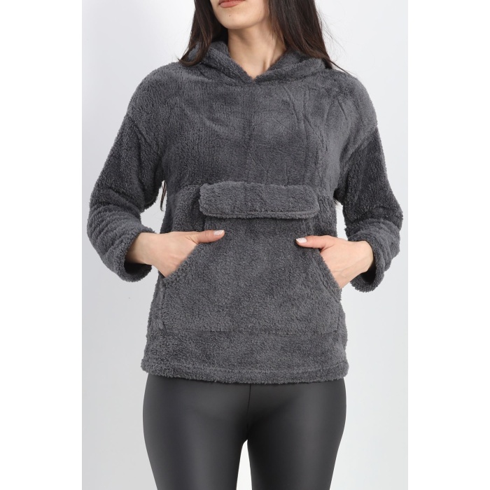 Kanguru Cep Kapşonlu Peluş Sweat Antrasit