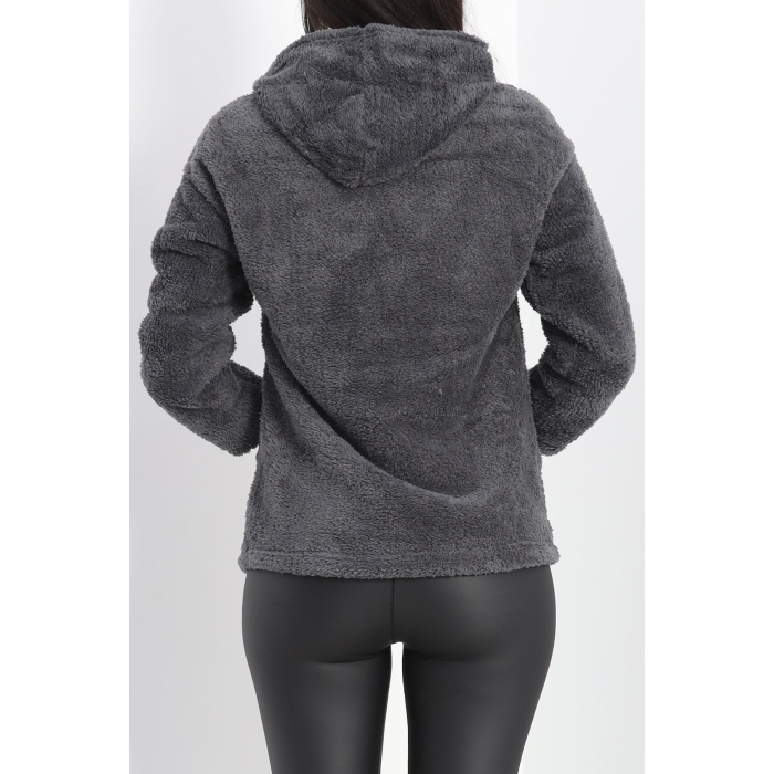 Kanguru Cep Kapşonlu Peluş Sweat Antrasit