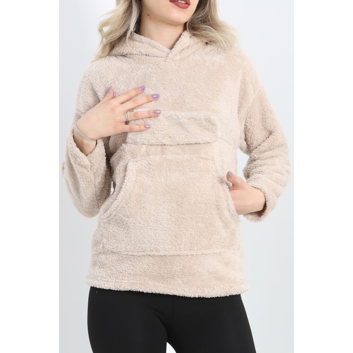Kanguru Cep Kapşonlu Peluş Sweat Taş