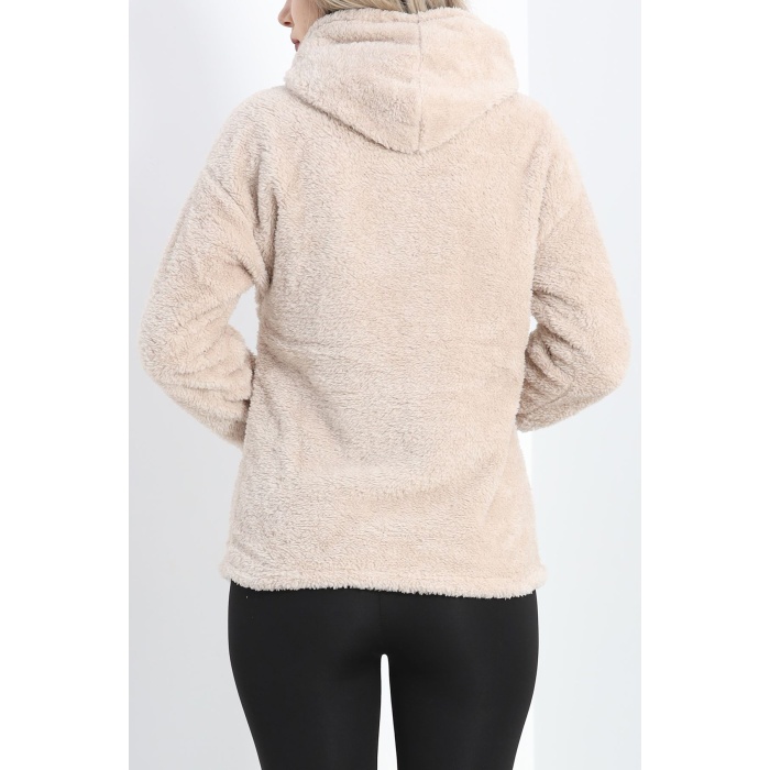 Kanguru Cep Kapşonlu Peluş Sweat Taş