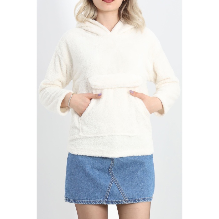 Kanguru Cep Kapşonlu Peluş Sweat Ekru