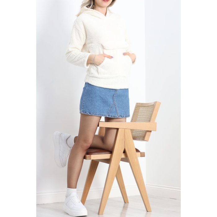 Kanguru Cep Kapşonlu Peluş Sweat Ekru