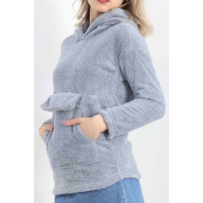 Kanguru Cep Kapşonlu Peluş Sweat Gökmavisi