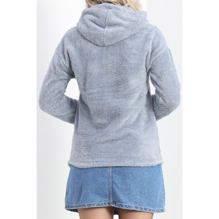 Kanguru Cep Kapşonlu Peluş Sweat Gökmavisi
