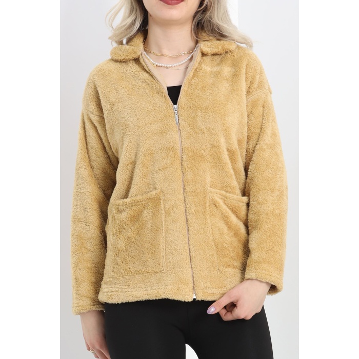 Fermuarlı Peluş Ceket Camel