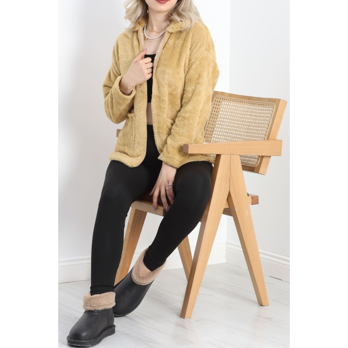 Fermuarlı Peluş Ceket Camel