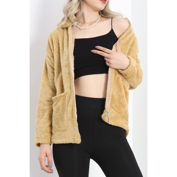 Fermuarlı Peluş Ceket Camel
