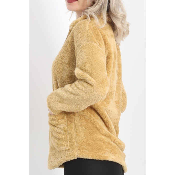 Fermuarlı Peluş Ceket Camel
