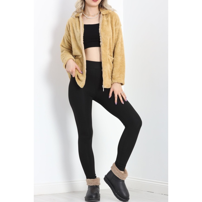Fermuarlı Peluş Ceket Camel