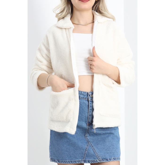Fermuarlı Peluş Ceket Ekru