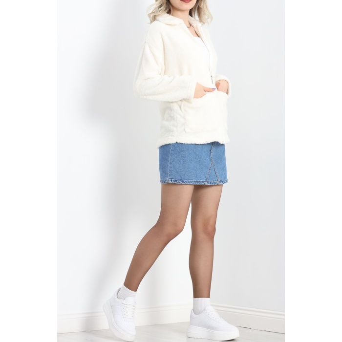 Fermuarlı Peluş Ceket Ekru