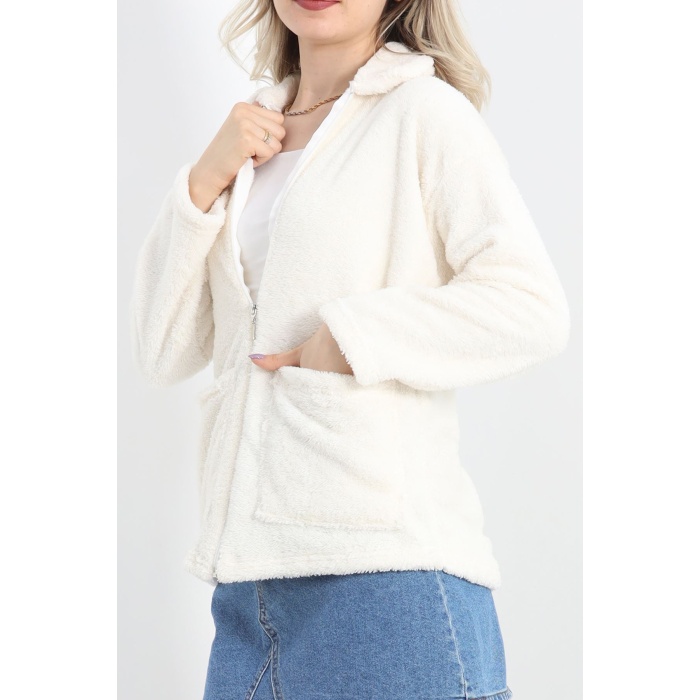 Fermuarlı Peluş Ceket Ekru
